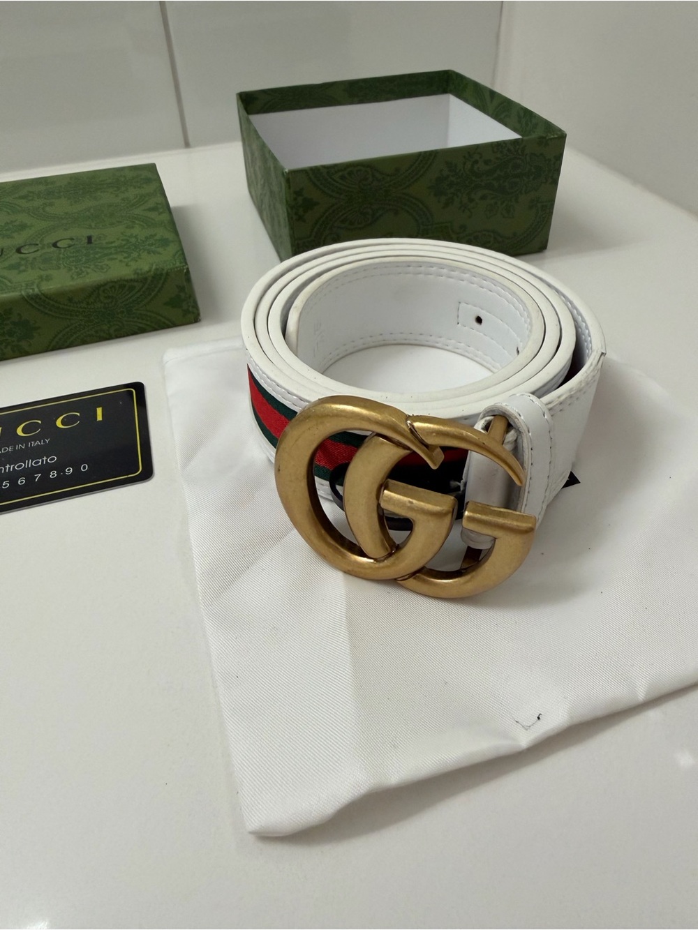 Gucci White Leather Green Red Web Interlocking GG Belt 80/32 Made in Italy